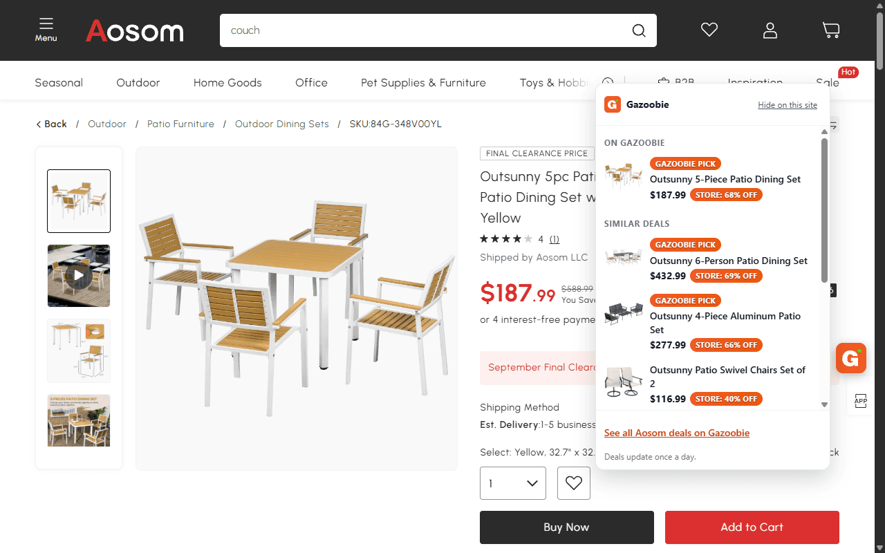 An Aosom product page for an Outsunny 5-piece patio dining set at $187.99. The Gazoobie menu shows the same set under On Gazoobie, marked Gazoobie Pick and Store: 68% off, with three similar patio sets below it.