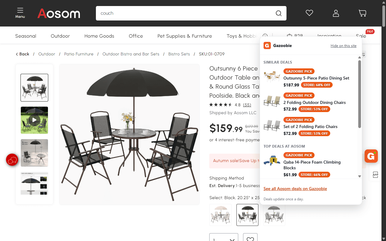 An Aosom product page for a 6-piece patio set with an umbrella. The Gazoobie menu has no On Gazoobie section. It opens with three similar deals, then Top deals at Aosom.