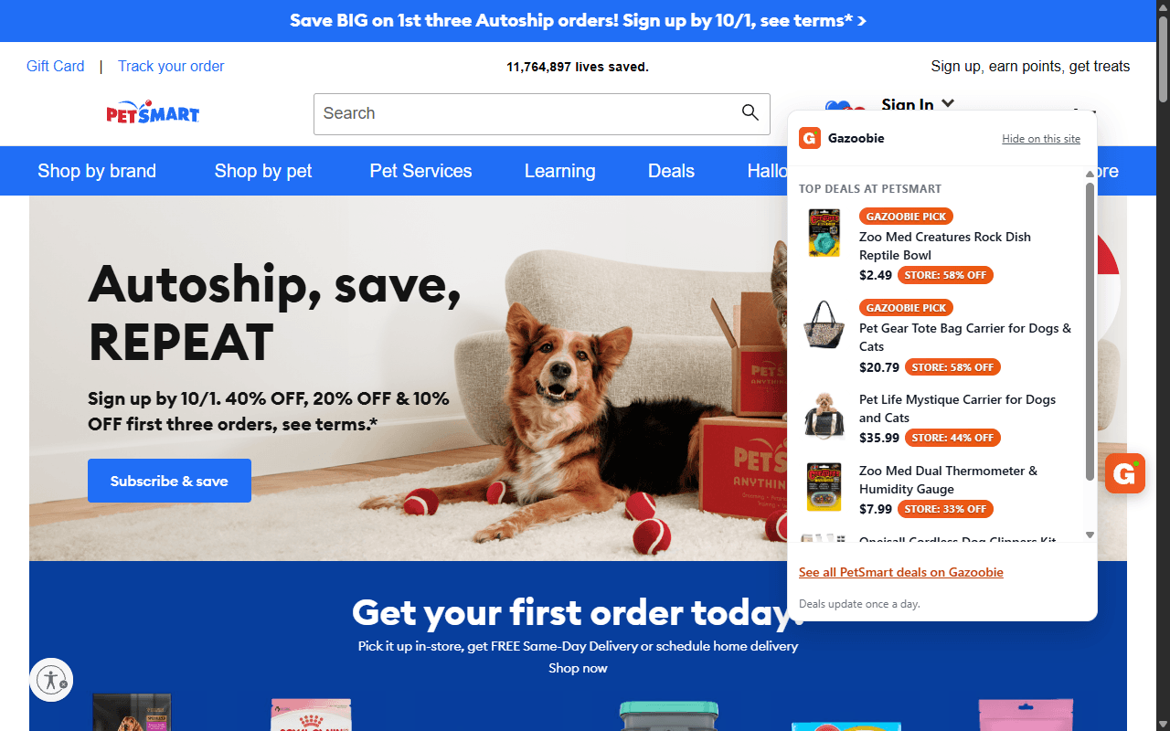 PetSmart's home page with the Gazoobie menu open on the right, titled Top deals at PetSmart. It lists a reptile bowl at $2.49 marked Store: 58% off, a pet carrier tote at $20.79 marked Store: 58% off, and two more deals.