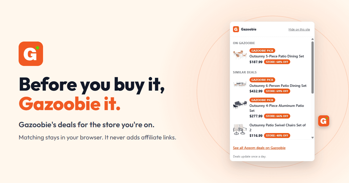 Gazoobie card: Before you buy it, Gazoobie it. Gazoobie's deals for the store you're on. Beside it, the extension's menu on an Aosom patio dining set, with the exact set on our list at the top and three similar sets below.