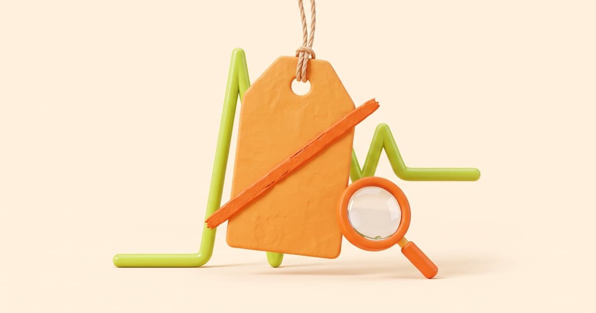An orange price tag with its old price struck through, hanging in front of a price chart that spikes up just before the sale and drops back down where the tag hangs.