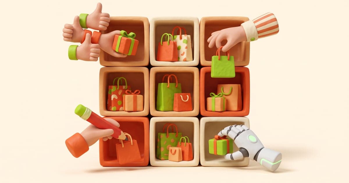 A wall of nine cubbyholes, each holding a shopping bag, with four different hands reaching in to pick one: a group of voting hands, an editor's hand with a red pencil, a shopkeeper's hand, and a robot hand.